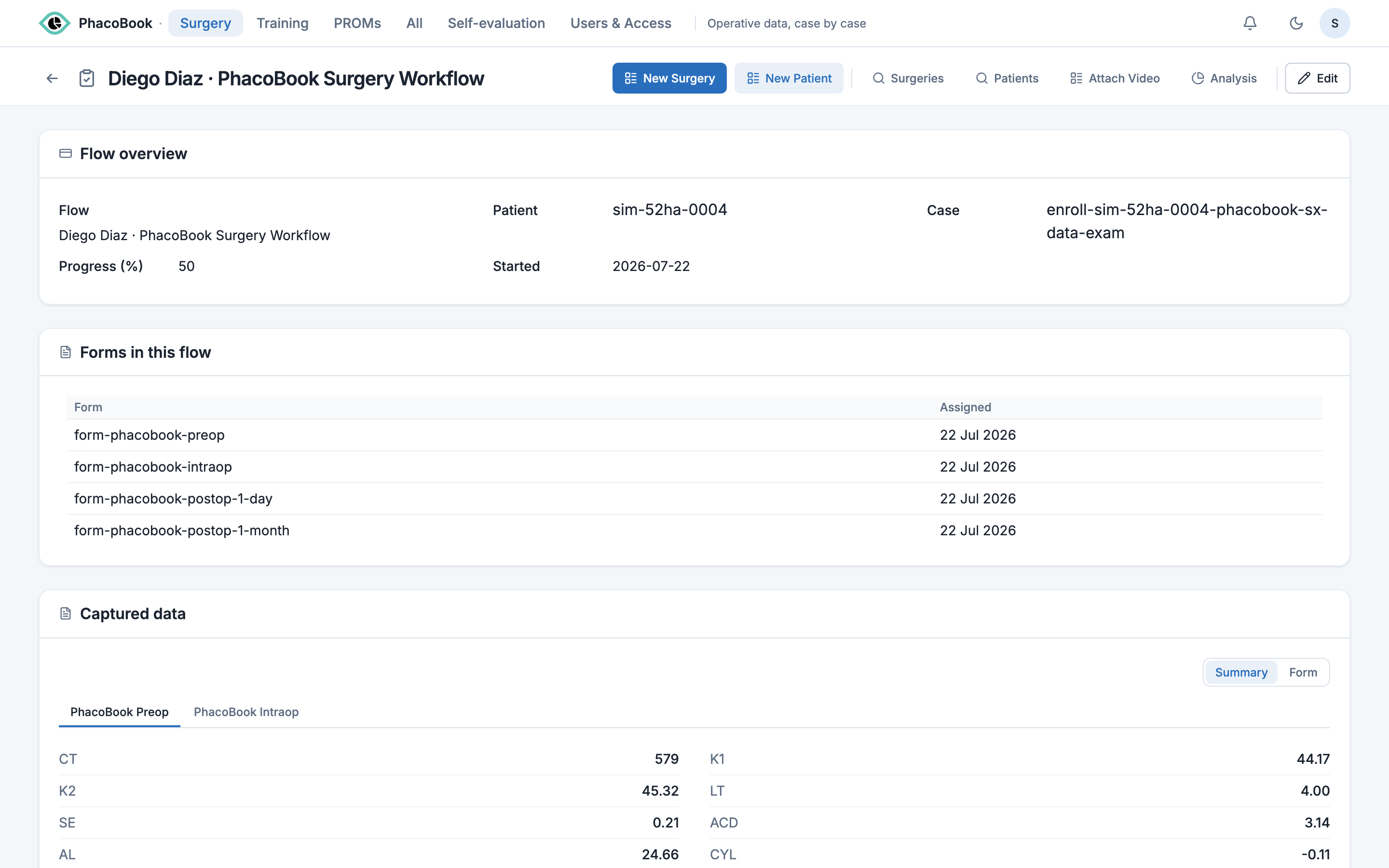 A patient's surgical flow and progress in PhacoBook